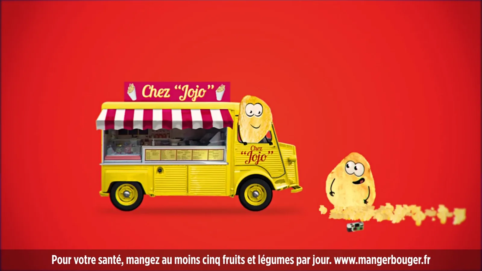 Camion food-truck jaune Chez Jojo avec les personnages chips Lay's