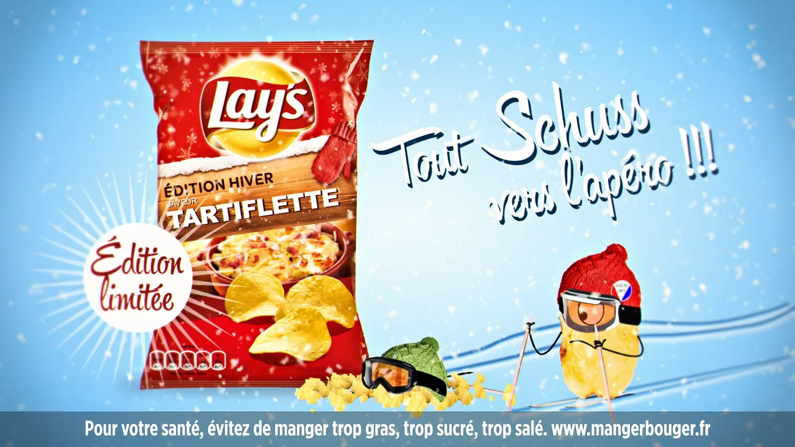 Sachet Lay's édition hiver saveur Tartiflette dans un décor de neige