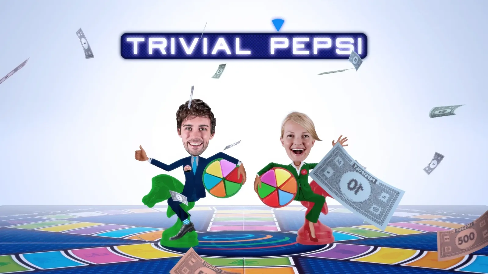 Séquence Trivial Pepsi : les deux personnages sur le plateau avec les camemberts et les billets